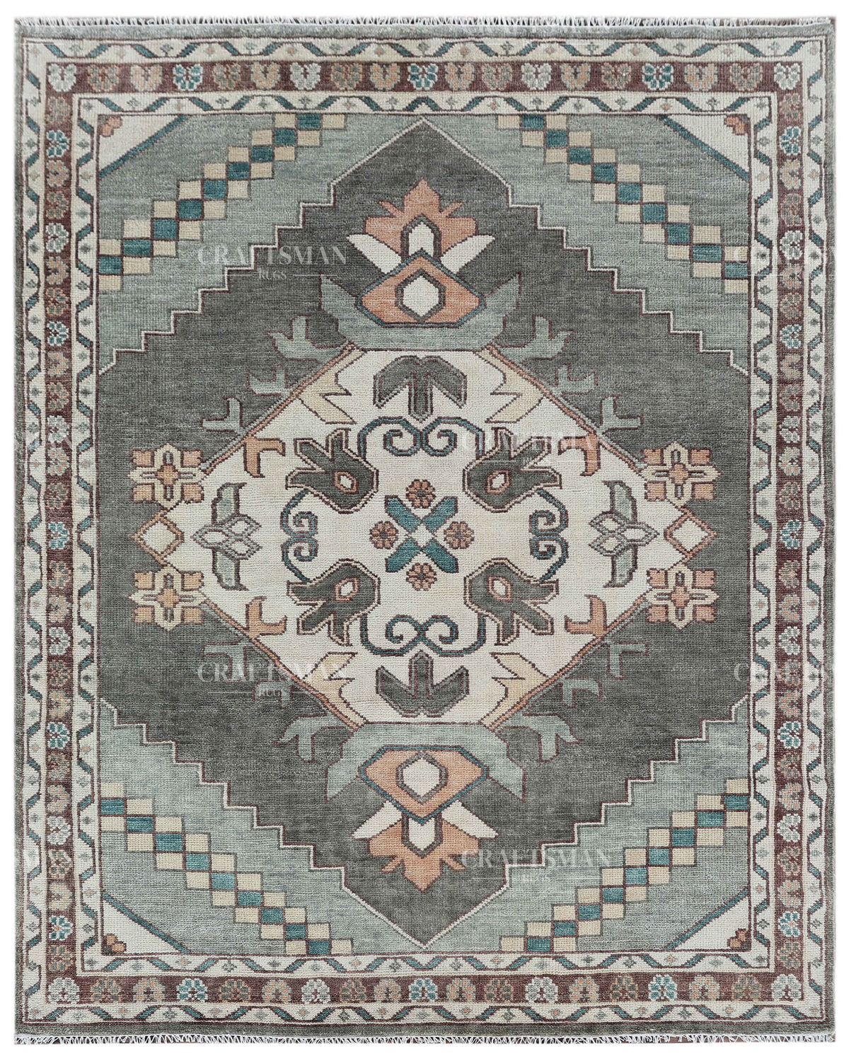Hand Knotted Vintage Oushak Rug 8x10 ft, Sage Green & Charcoal Gray Persian Style Area Rug with Ivory Floral Medallion