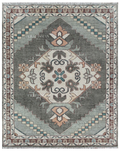 Hand Knotted Vintage Oushak Rug 8x10 ft, Sage Green & Charcoal Gray Persian Style Area Rug with Ivory Floral Medallion