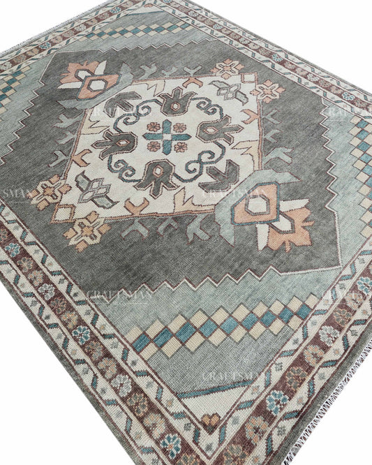 Hand Knotted Vintage Oushak Rug 8x10 ft, Sage Green & Charcoal Gray Persian Style Area Rug with Ivory Floral Medallion
