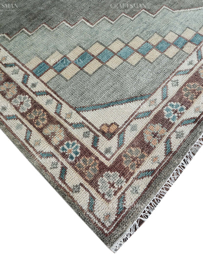 Hand Knotted Vintage Oushak Rug 8x10 ft, Sage Green & Charcoal Gray Persian Style Area Rug with Ivory Floral Medallion