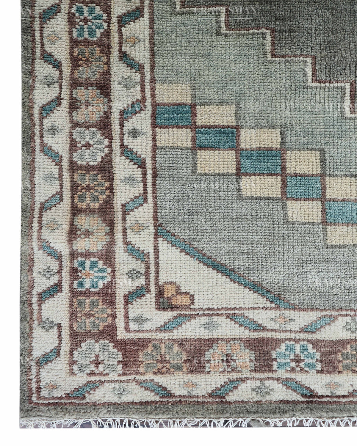 Hand Knotted Vintage Oushak Rug 8x10 ft, Sage Green & Charcoal Gray Persian Style Area Rug with Ivory Floral Medallion