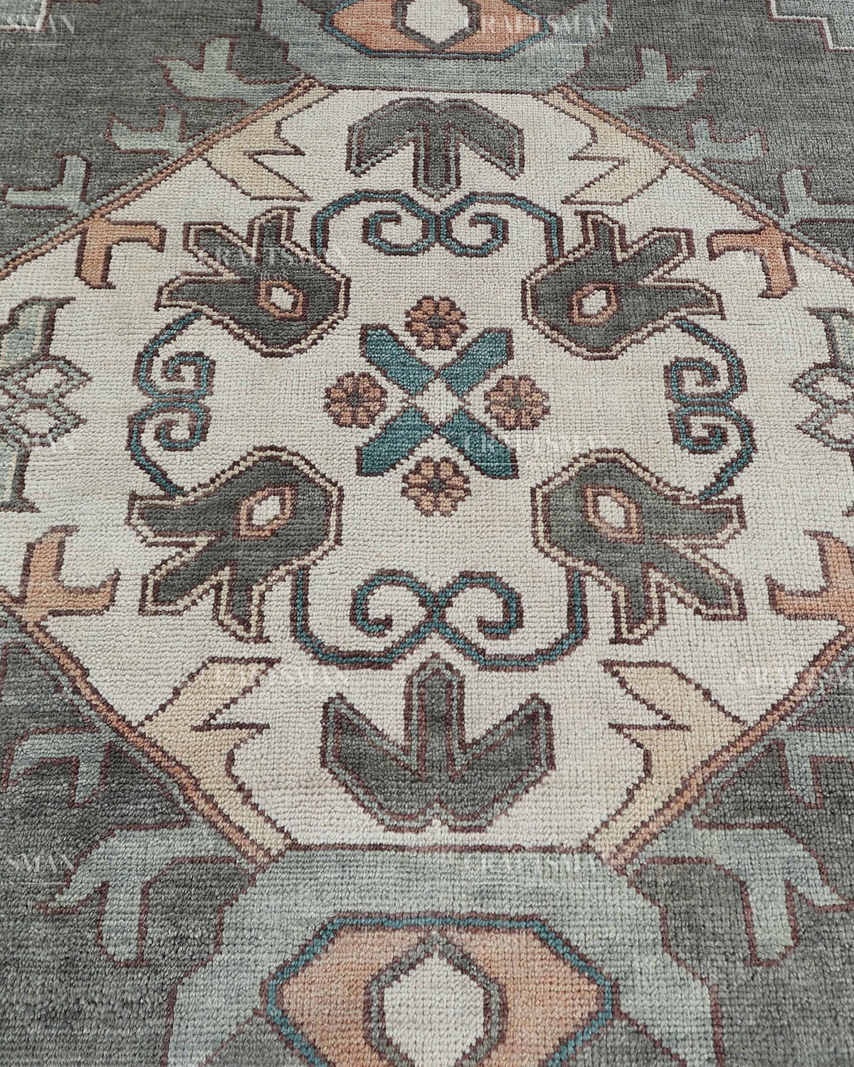 Hand Knotted Vintage Oushak Rug 8x10 ft, Sage Green & Charcoal Gray Persian Style Area Rug with Ivory Floral Medallion