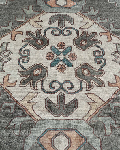 Hand Knotted Vintage Oushak Rug 8x10 ft, Sage Green & Charcoal Gray Persian Style Area Rug with Ivory Floral Medallion