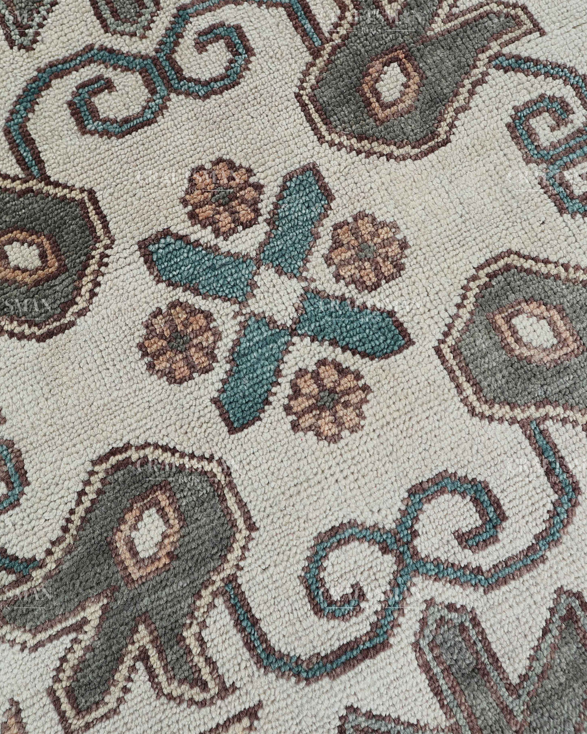 Hand Knotted Vintage Oushak Rug 8x10 ft, Sage Green & Charcoal Gray Persian Style Area Rug with Ivory Floral Medallion