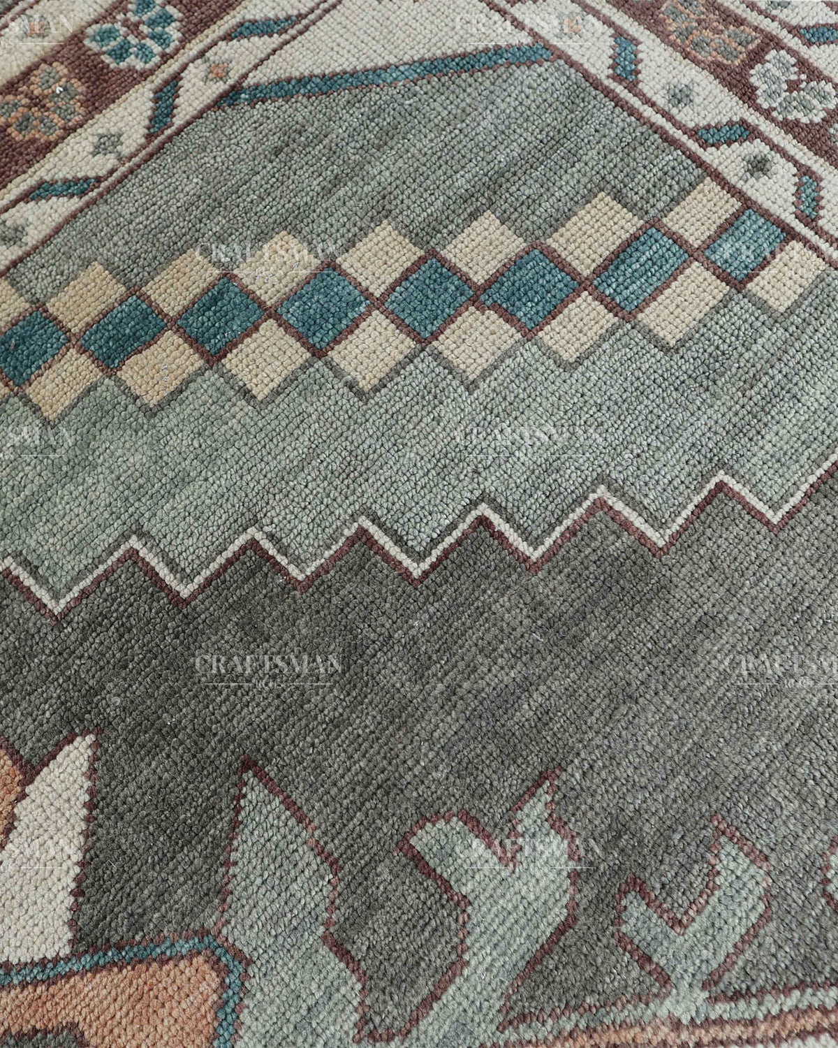 Hand Knotted Vintage Oushak Rug 8x10 ft, Sage Green & Charcoal Gray Persian Style Area Rug with Ivory Floral Medallion
