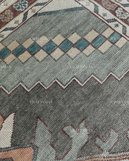 Hand Knotted Vintage Oushak Rug 8x10 ft, Sage Green & Charcoal Gray Persian Style Area Rug with Ivory Floral Medallion