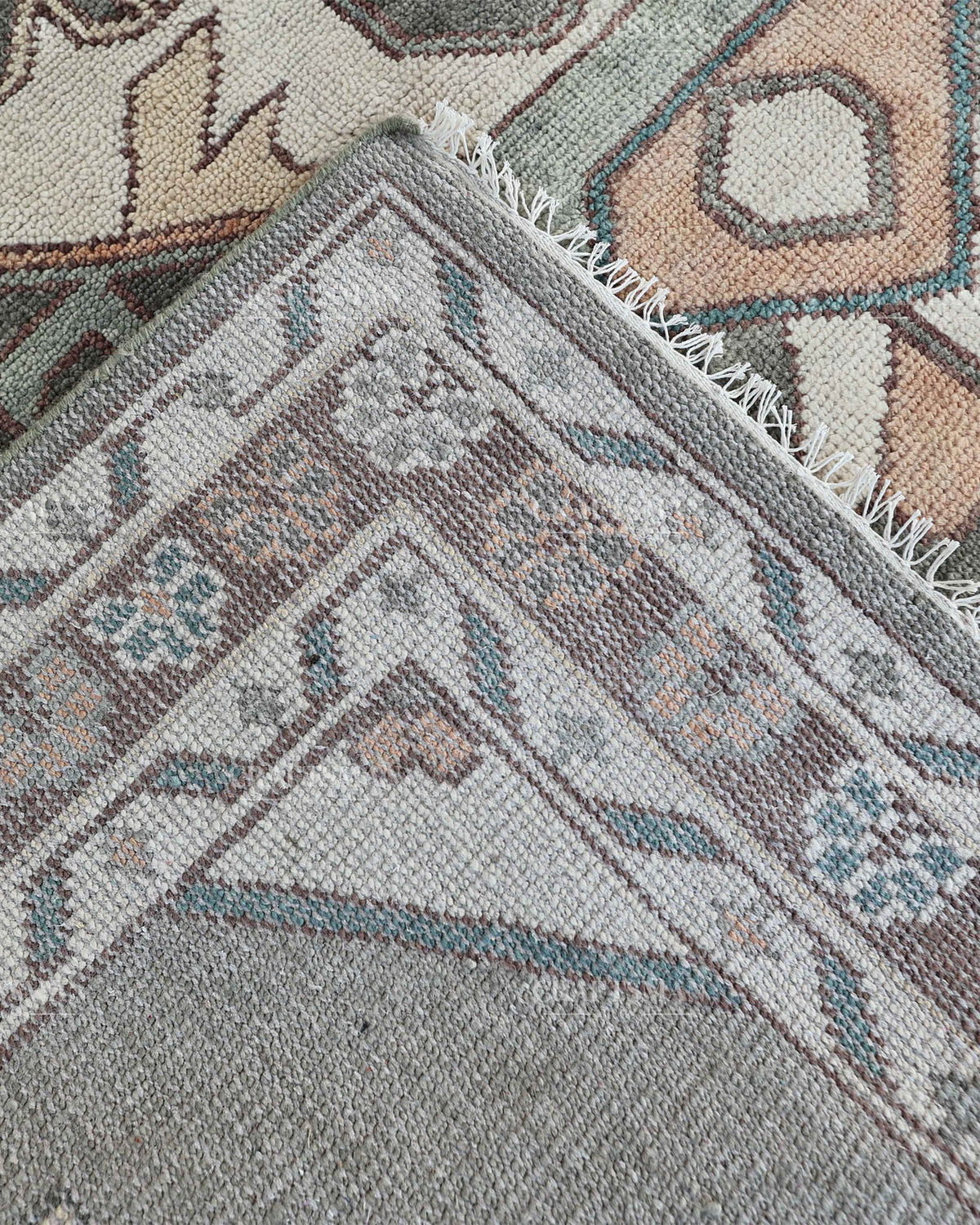 Hand Knotted Vintage Oushak Rug 8x10 ft, Sage Green & Charcoal Gray Persian Style Area Rug with Ivory Floral Medallion