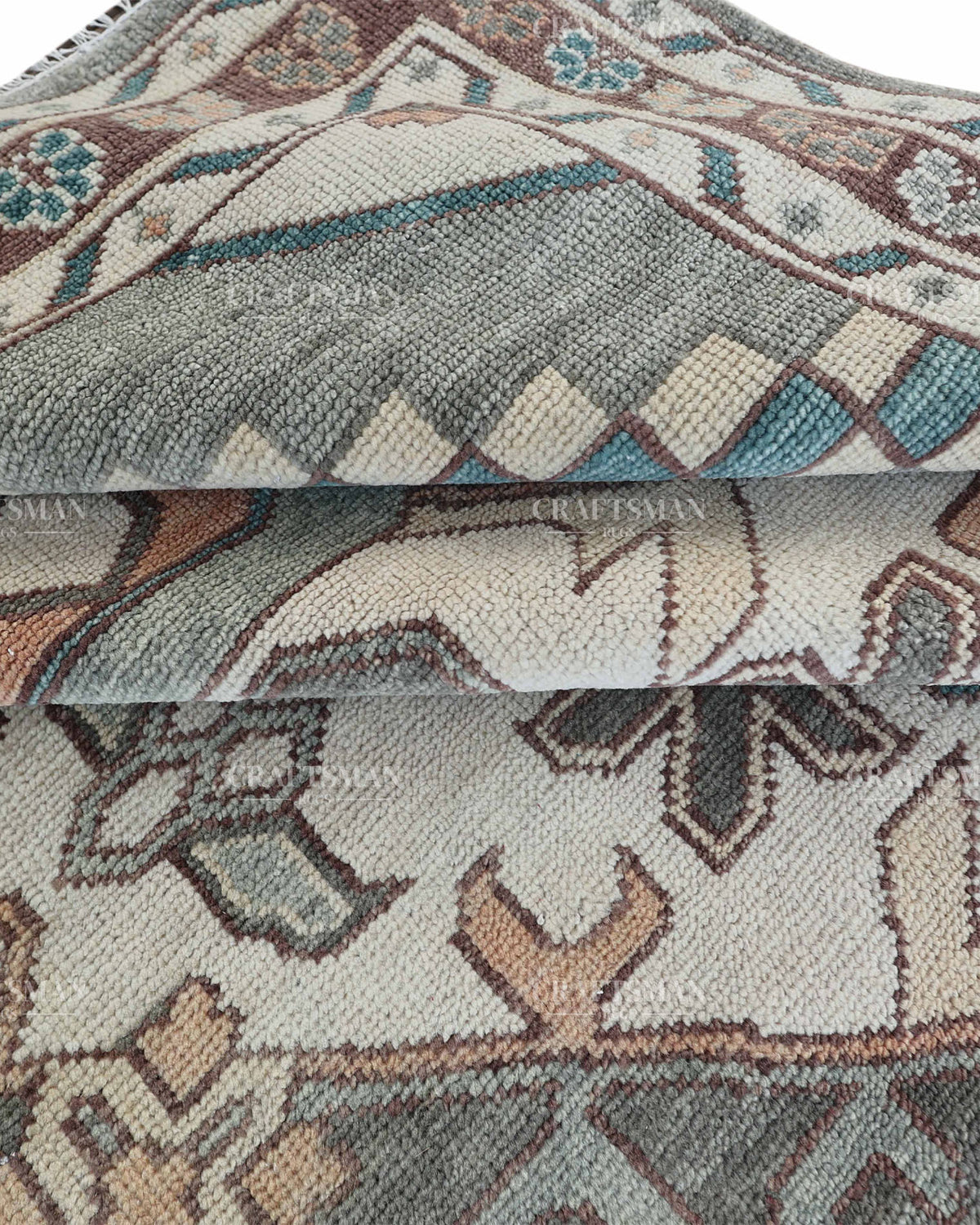 Hand Knotted Vintage Oushak Rug 8x10 ft, Sage Green & Charcoal Gray Persian Style Area Rug with Ivory Floral Medallion