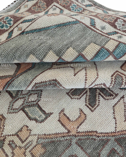 Hand Knotted Vintage Oushak Rug 8x10 ft, Sage Green & Charcoal Gray Persian Style Area Rug with Ivory Floral Medallion