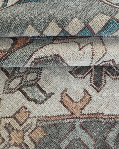 Hand Knotted Vintage Oushak Rug 8x10 ft, Sage Green & Charcoal Gray Persian Style Area Rug with Ivory Floral Medallion