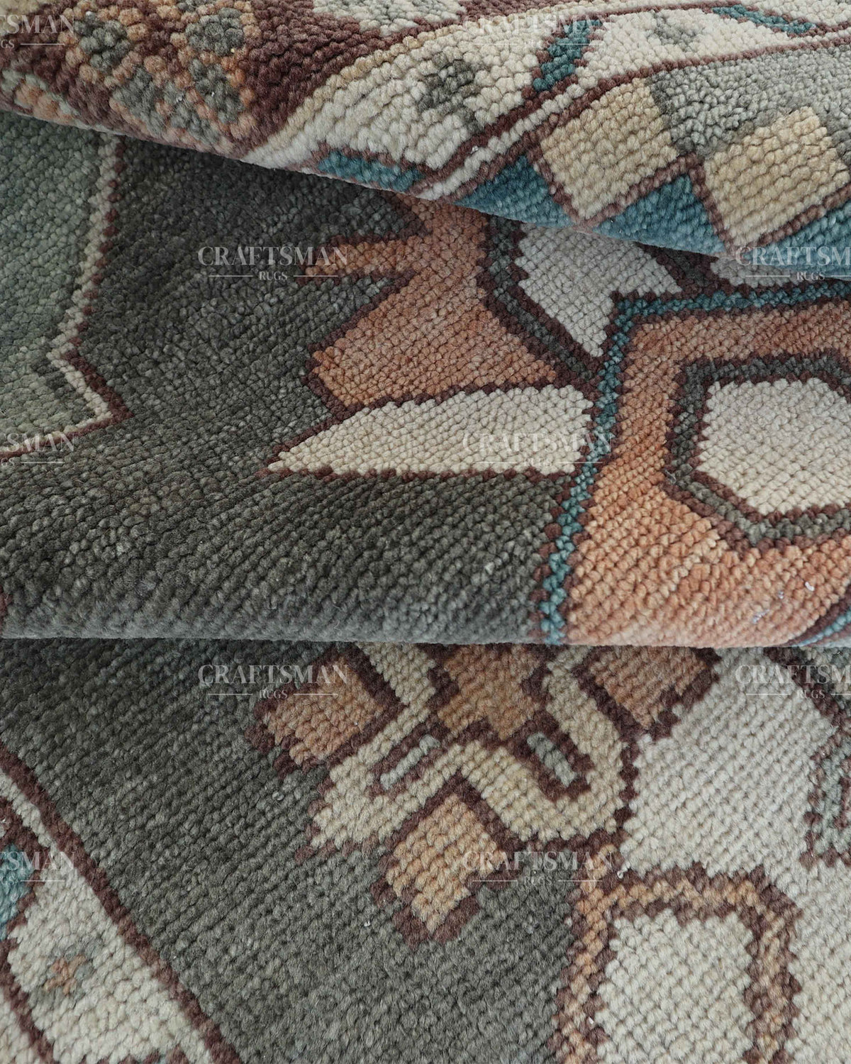 Hand Knotted Vintage Oushak Rug 8x10 ft, Sage Green & Charcoal Gray Persian Style Area Rug with Ivory Floral Medallion