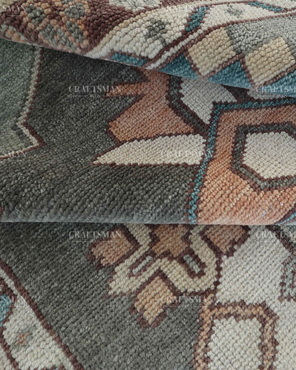 Hand Knotted Vintage Oushak Rug 8x10 ft, Sage Green & Charcoal Gray Persian Style Area Rug with Ivory Floral Medallion