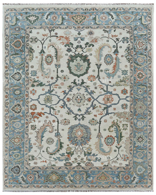 Hand Knotted Vintage Oushak Rug 8x10 ft, Blue & Ivory Persian Style Area Rug with Multicolor Floral Pattern