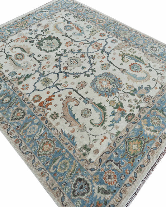 Hand Knotted Vintage Oushak Rug 8x10 ft, Blue & Ivory Persian Style Area Rug with Multicolor Floral Pattern