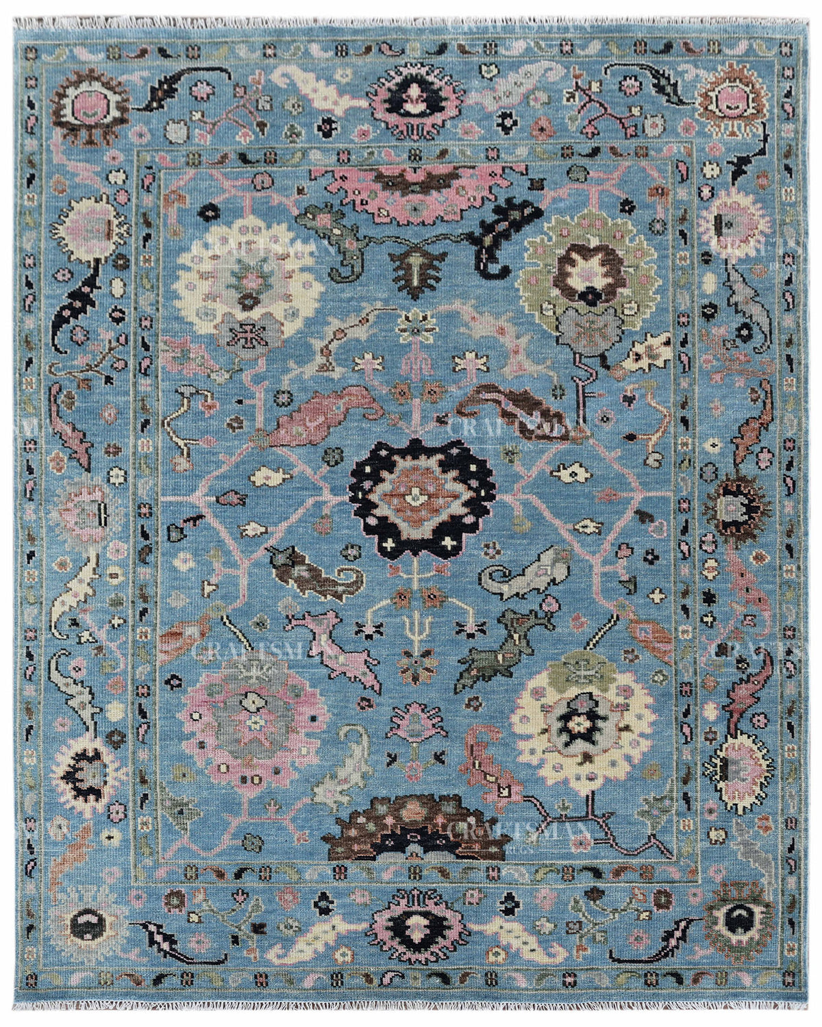 Hand Knotted Vintage Oushak Rug 8x10 ft, Blue Persian Style Area Rug with Pink & Ivory Floral Pattern