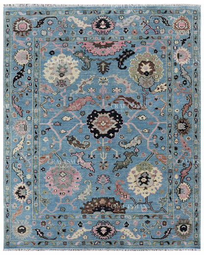 Hand Knotted Vintage Oushak Rug 8x10 ft, Blue Persian Style Area Rug with Pink & Ivory Floral Pattern