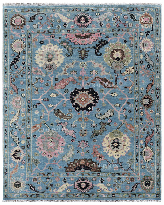 Hand Knotted Vintage Oushak Rug 8x10 ft, Blue Persian Style Area Rug with Pink & Ivory Floral Pattern