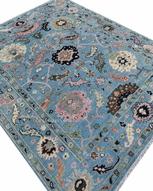 Hand Knotted Vintage Oushak Rug 8x10 ft, Blue Persian Style Area Rug with Pink & Ivory Floral Pattern