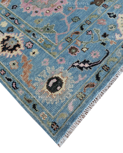 Hand Knotted Vintage Oushak Rug 8x10 ft, Blue Persian Style Area Rug with Pink & Ivory Floral Pattern