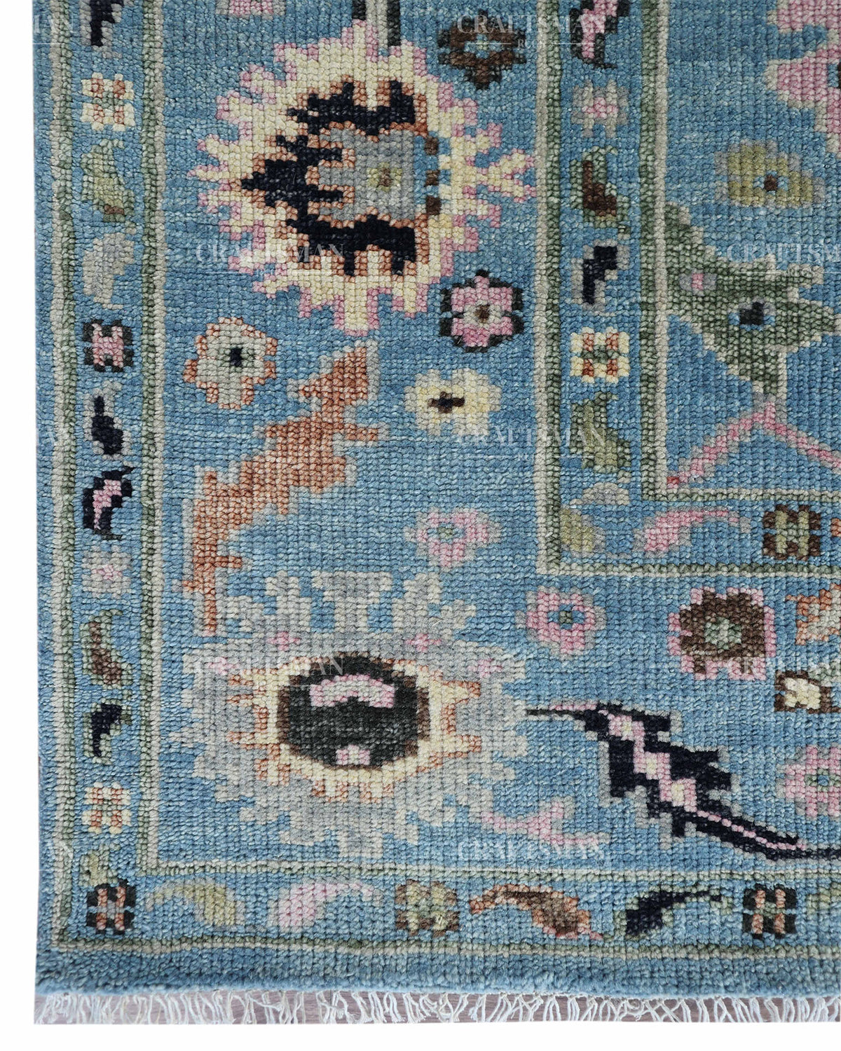 Hand Knotted Vintage Oushak Rug 8x10 ft, Blue Persian Style Area Rug with Pink & Ivory Floral Pattern