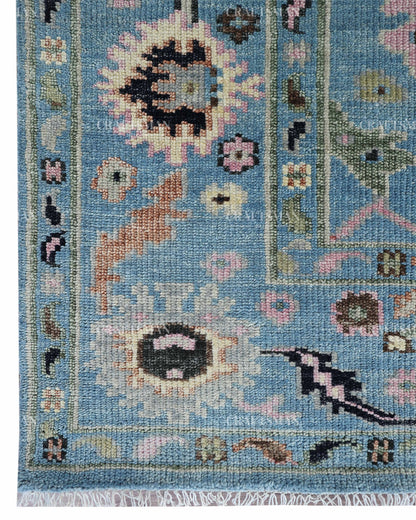 Hand Knotted Vintage Oushak Rug 8x10 ft, Blue Persian Style Area Rug with Pink & Ivory Floral Pattern