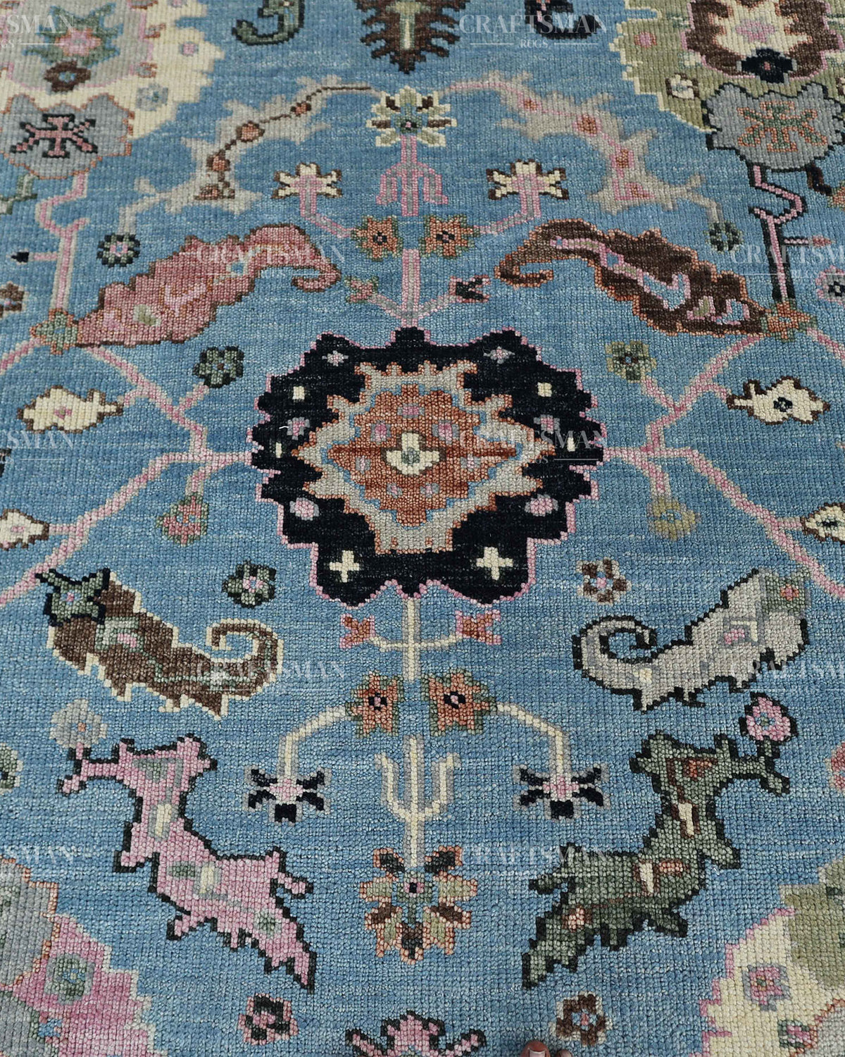 Hand Knotted Vintage Oushak Rug 8x10 ft, Blue Persian Style Area Rug with Pink & Ivory Floral Pattern