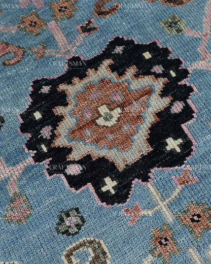Hand Knotted Vintage Oushak Rug 8x10 ft, Blue Persian Style Area Rug with Pink & Ivory Floral Pattern