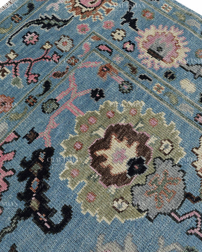 Hand Knotted Vintage Oushak Rug 8x10 ft, Blue Persian Style Area Rug with Pink & Ivory Floral Pattern