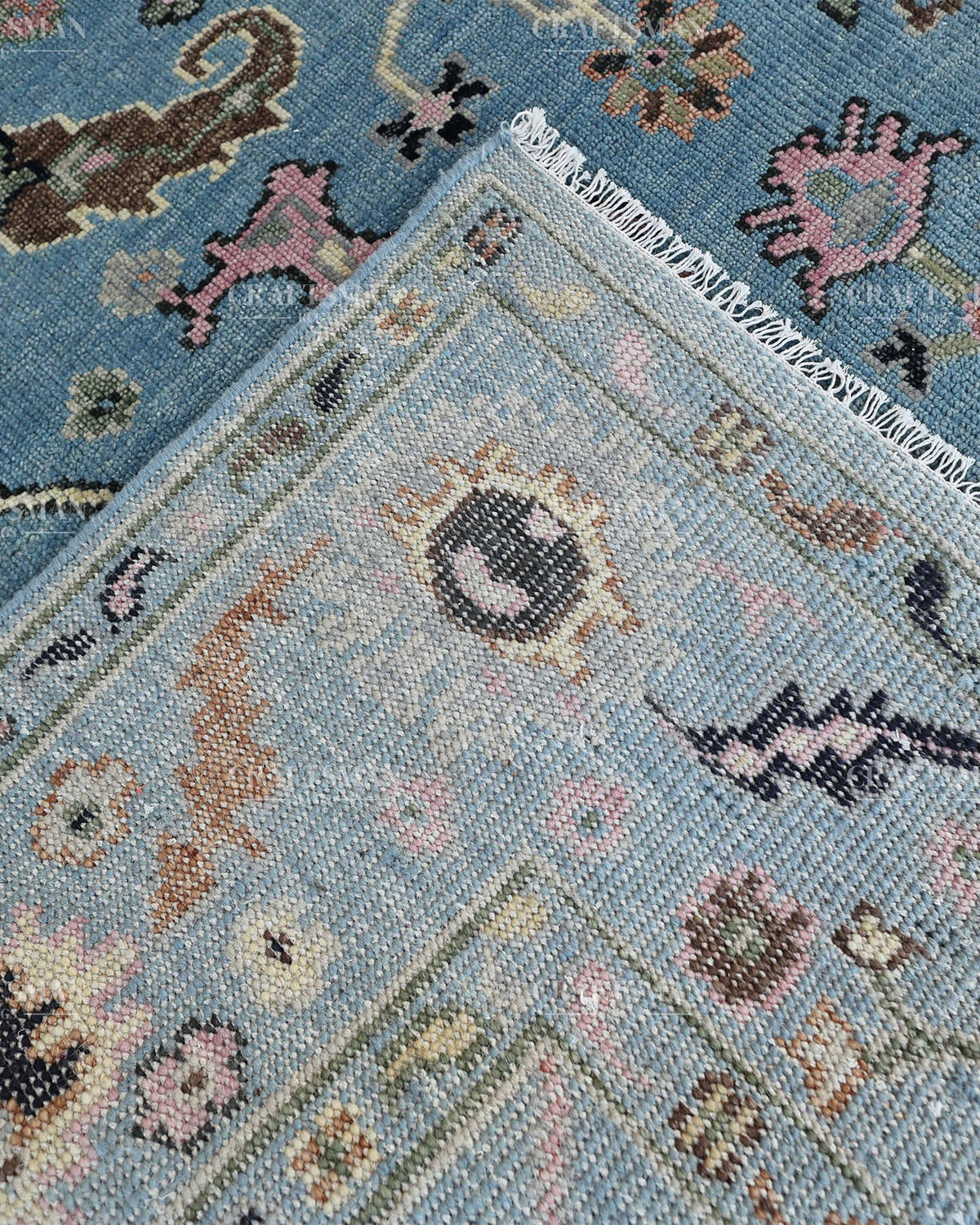 Hand Knotted Vintage Oushak Rug 8x10 ft, Blue Persian Style Area Rug with Pink & Ivory Floral Pattern