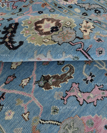 Hand Knotted Vintage Oushak Rug 8x10 ft, Blue Persian Style Area Rug with Pink & Ivory Floral Pattern
