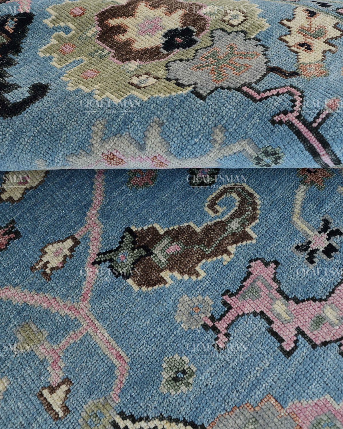 Hand Knotted Vintage Oushak Rug 8x10 ft, Blue Persian Style Area Rug with Pink & Ivory Floral Pattern