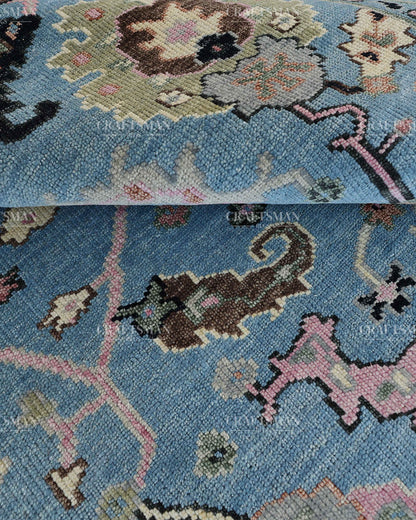 Hand Knotted Vintage Oushak Rug 8x10 ft, Blue Persian Style Area Rug with Pink & Ivory Floral Pattern