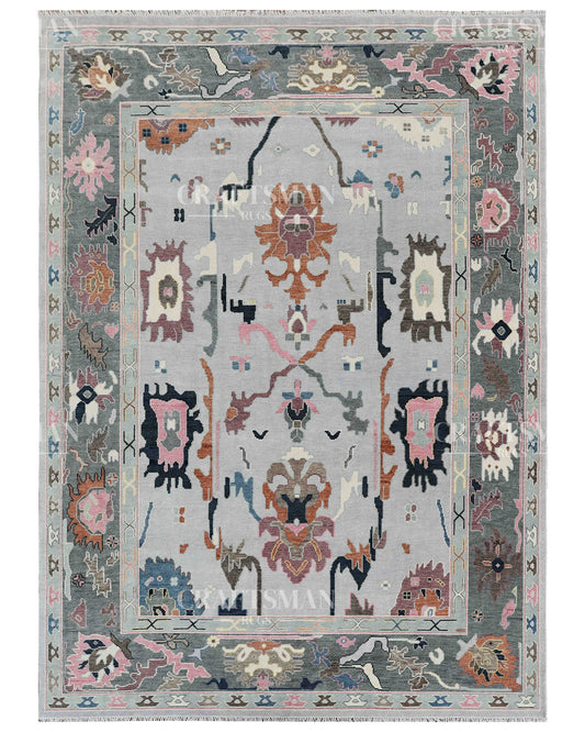 10x14 Large Oushak Rug Handmade Wool Area Rug, Gray Pink Turkish Vintage Style Rug, Hand Knotted Living Room Bedroom Rug, Oriental Floral Carpet, Large Size Rug