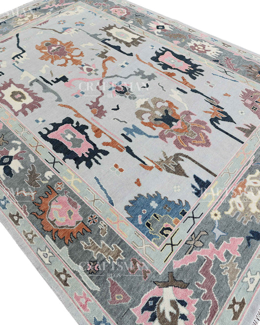 10x14 Large Oushak Rug Handmade Wool Area Rug, Gray Pink Turkish Vintage Style Rug, Hand Knotted Living Room Bedroom Rug, Oriental Floral Carpet, Large Size Rug
