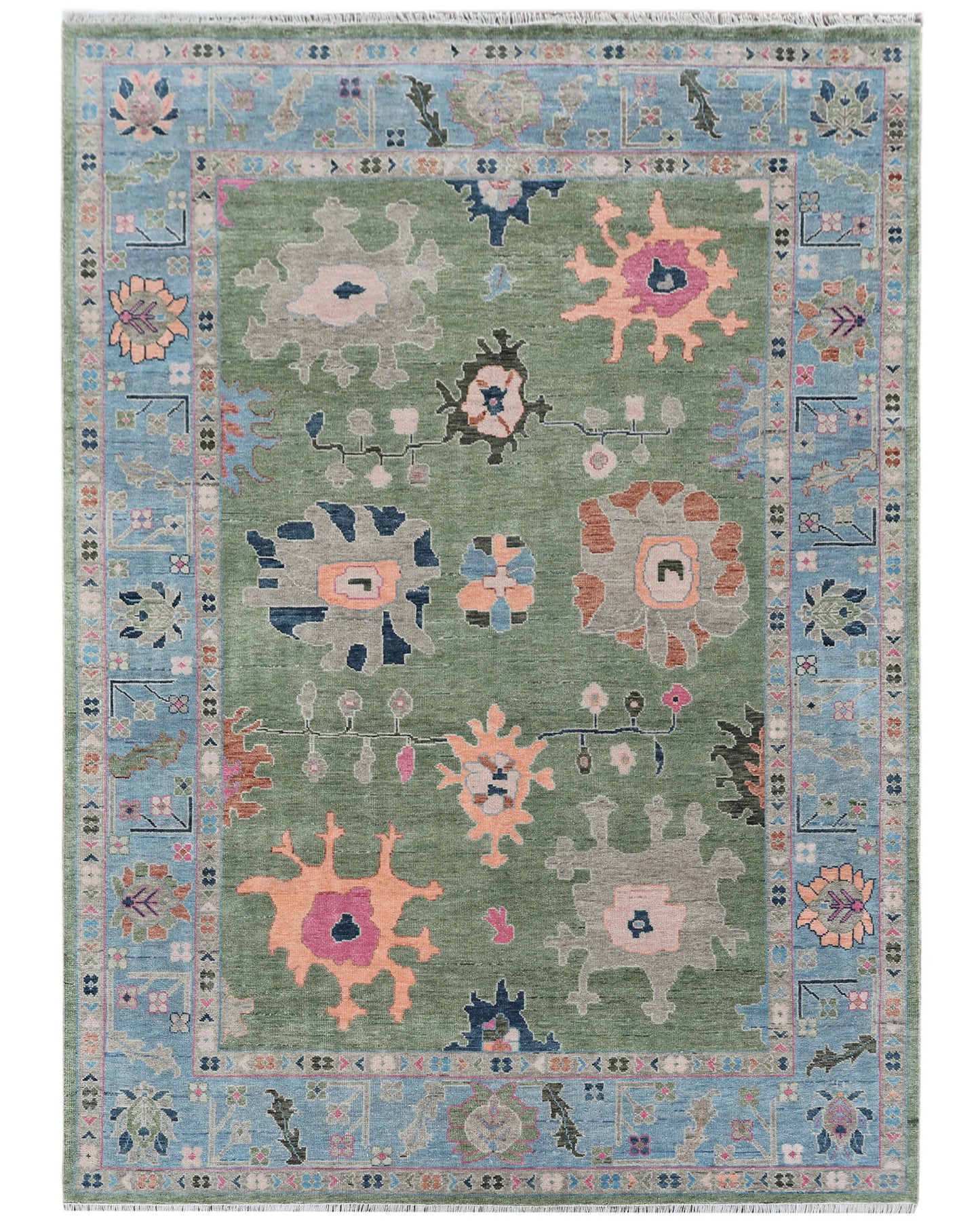 10x14 Large Oushak Rug Handmade Wool Area Rug, Green Blue Turkish Vintage Style Rug, Hand Knotted Living Room Rug, Floral Oriental Carpet, Bedroom Rug