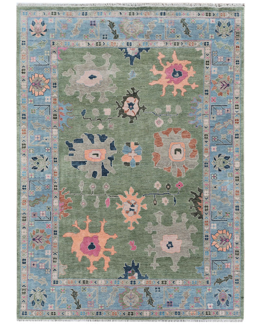 10x14 Large Oushak Rug Handmade Wool Area Rug, Green Blue Turkish Vintage Style Rug, Hand Knotted Living Room Rug, Floral Oriental Carpet, Bedroom Rug