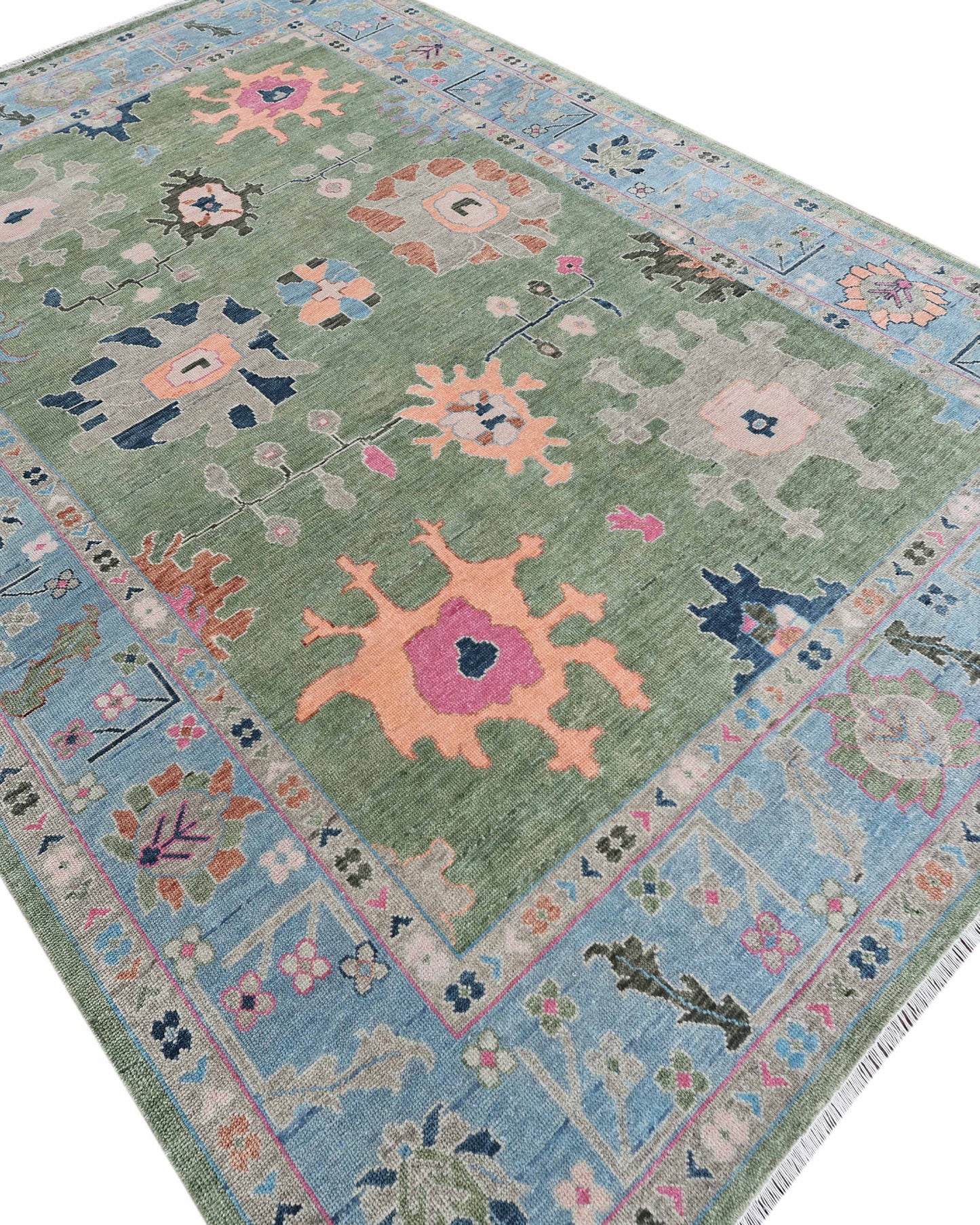 10x14 Large Oushak Rug Handmade Wool Area Rug, Green Blue Turkish Vintage Style Rug, Hand Knotted Living Room Rug, Floral Oriental Carpet, Bedroom Rug