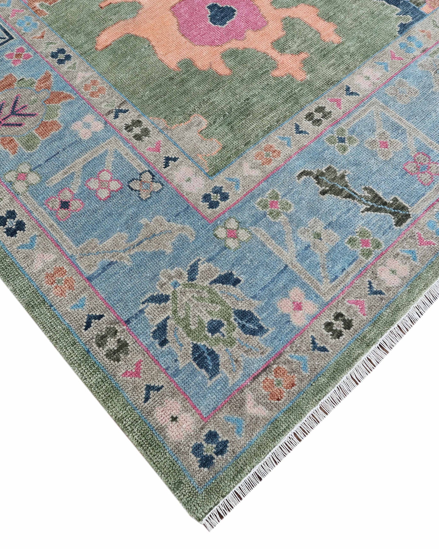 10x14 Large Oushak Rug Handmade Wool Area Rug, Green Blue Turkish Vintage Style Rug, Hand Knotted Living Room Rug, Floral Oriental Carpet, Bedroom Rug
