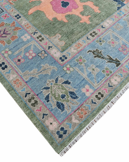 10x14 Large Oushak Rug Handmade Wool Area Rug, Green Blue Turkish Vintage Style Rug, Hand Knotted Living Room Rug, Floral Oriental Carpet, Bedroom Rug