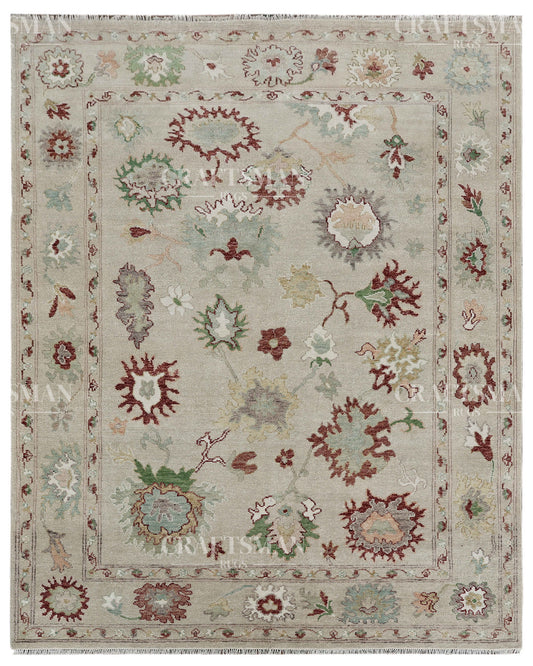 8x10 Oushak Rug Handmade Wool Area Rug, Ivory Turkish Vintage Style Rug, Hand Knotted Floral Living Room Rug, Traditional Bedroom Carpet, Large Oriental Rug