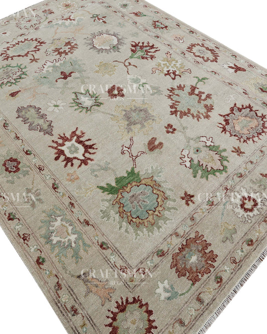 8x10 Oushak Rug Handmade Wool Area Rug, Ivory Turkish Vintage Style Rug, Hand Knotted Floral Living Room Rug, Traditional Bedroom Carpet, Large Oriental Rug