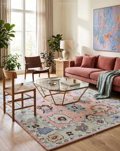 Oushak Inspired Hand Tufted Wool Rug – Peach & Pastel Floral Design