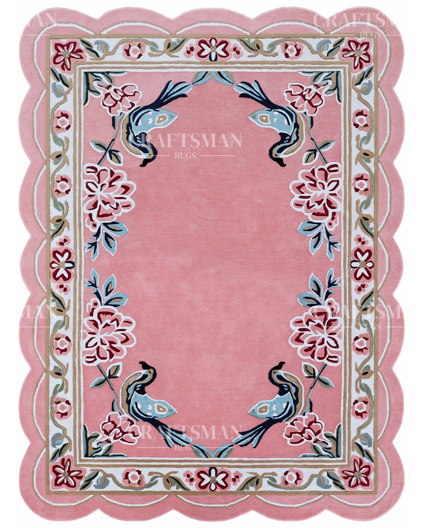 Pink rug with floral and bird designs, featuring the brand 'Craftsman Rugs'.
