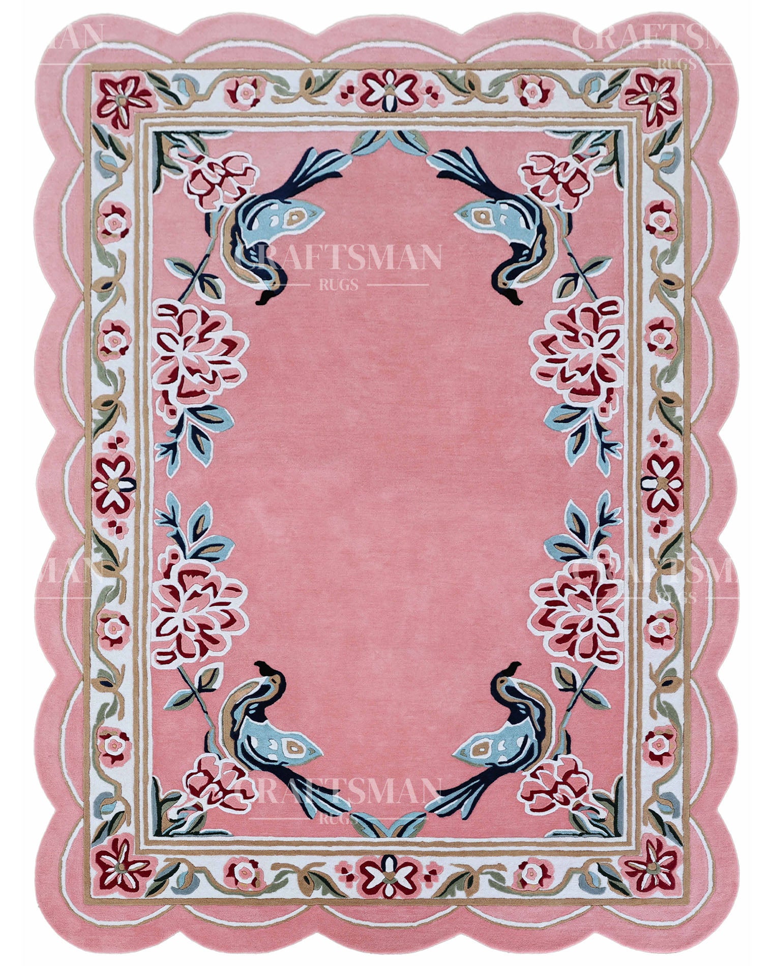 Pink rug with floral and bird designs, featuring the brand 'Craftsman Rugs'.