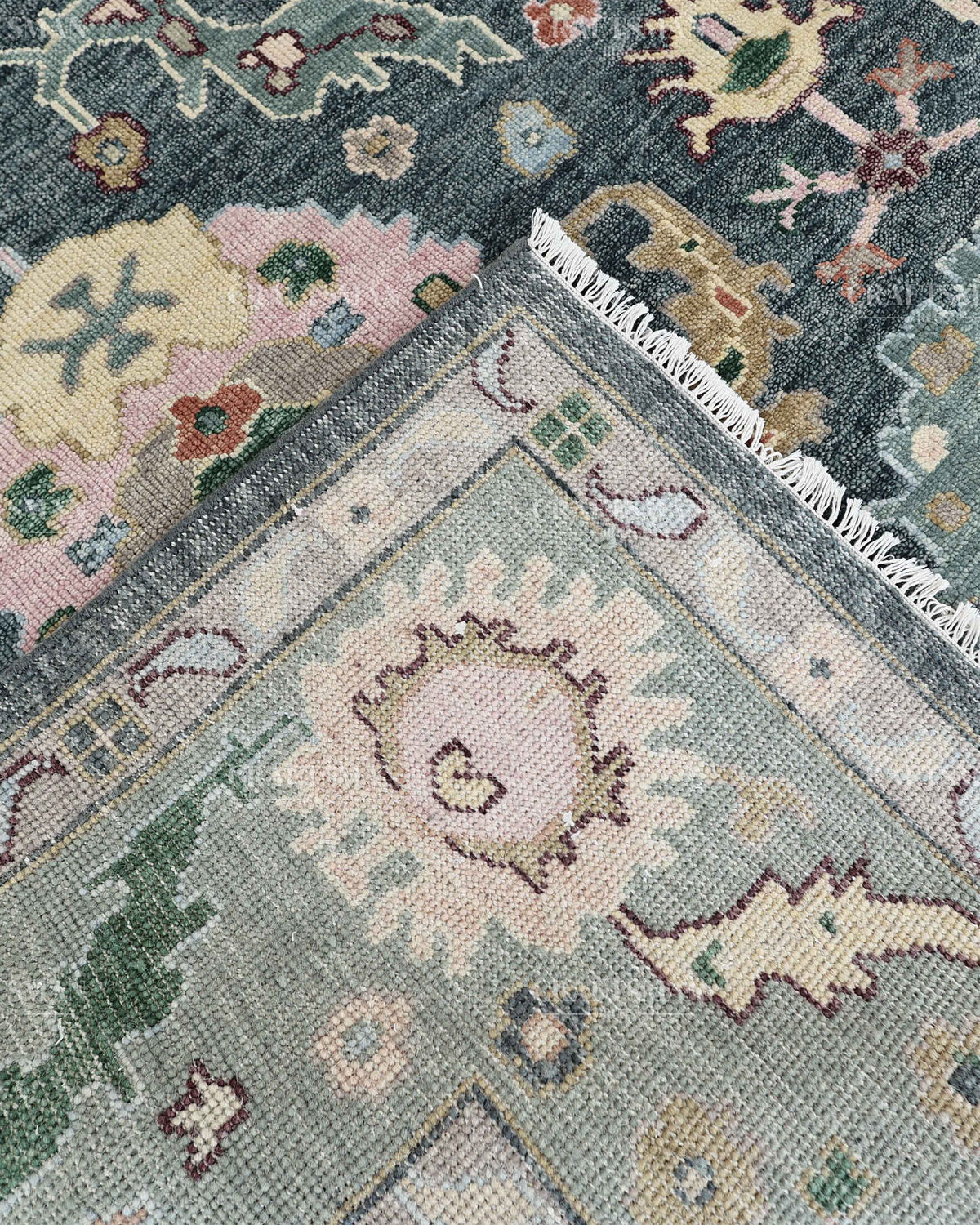 Hand Knotted Oushak Rug 9x12, Vintage Green Persian Floral Area Rug, Charcoal Blue Sage Green & Ivory Traditional Carpet