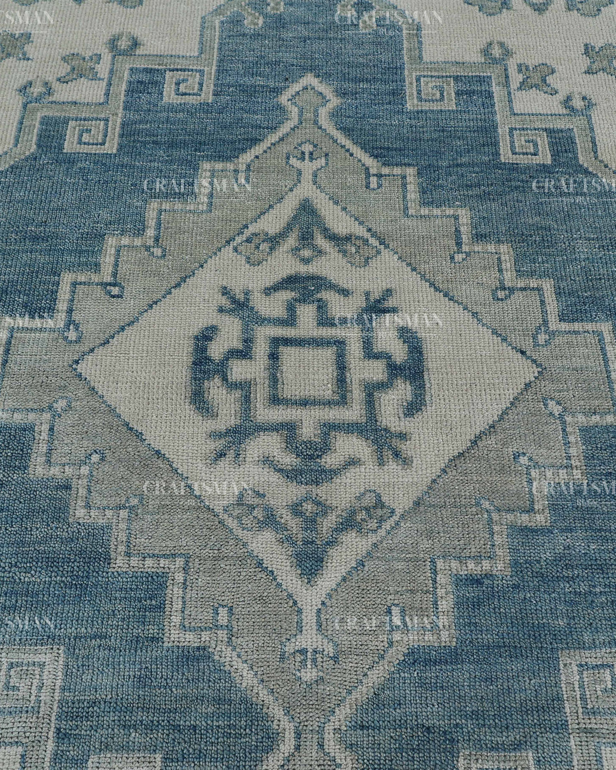 Hand Knotted Blue Oushak Rug 8x10, Vintage Persian Style Area Rug, Dusty Blue & Ivory Geometric Medallion Carpet