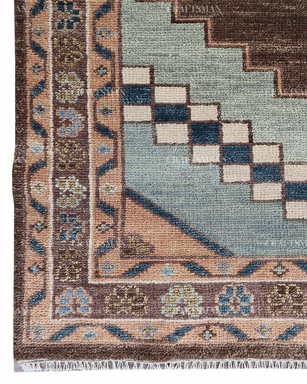 Hand Knotted Oushak Rug 8x10, Vintage Brown Persian Style Area Rug, Geometric Medallion Carpet in Rust, Blue & Ivory