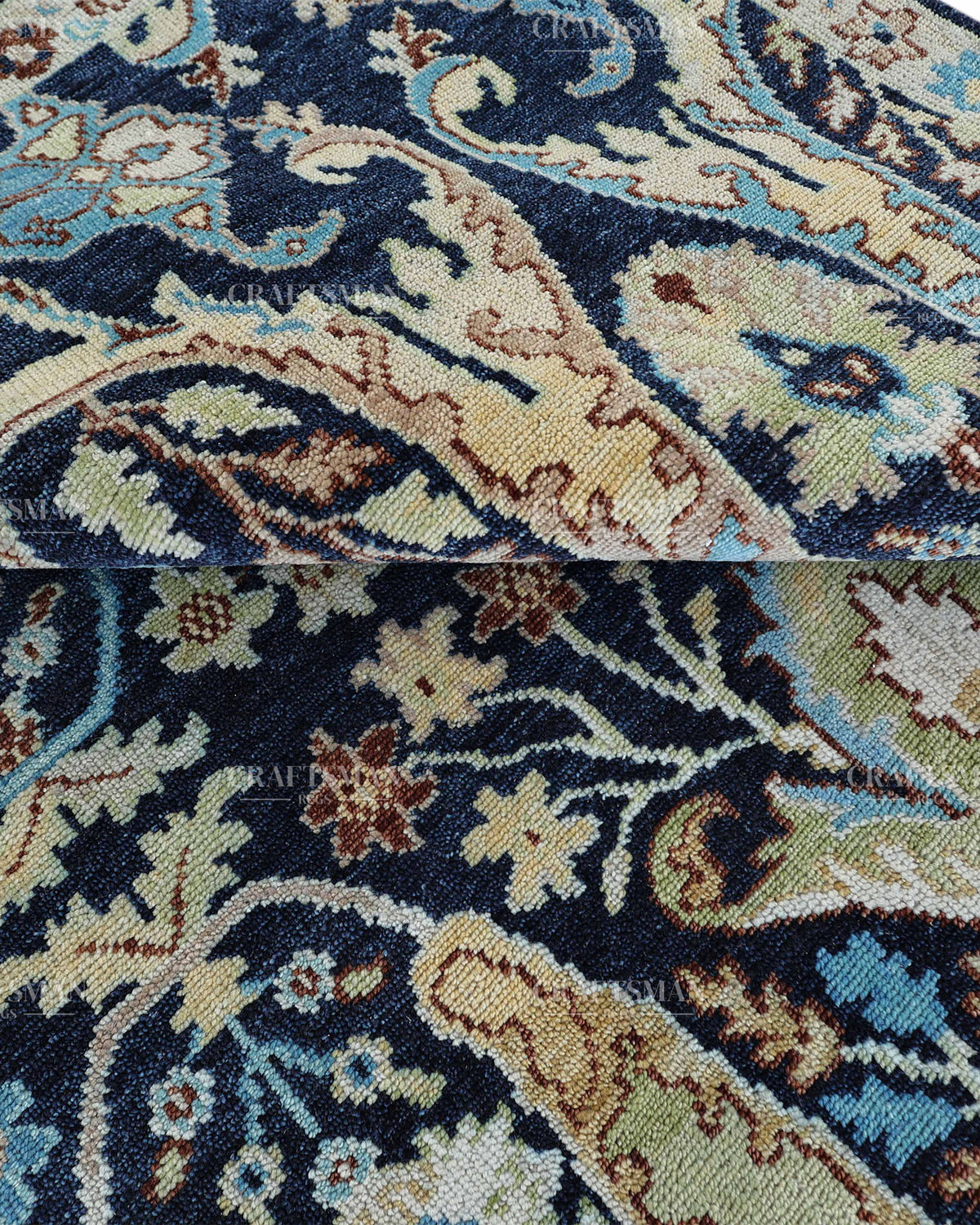 Hand Knotted Navy Blue Oushak Rug 8x10, Vintage Persian Style Area Rug, Ivory & Turquoise Floral Medallion Carpet
