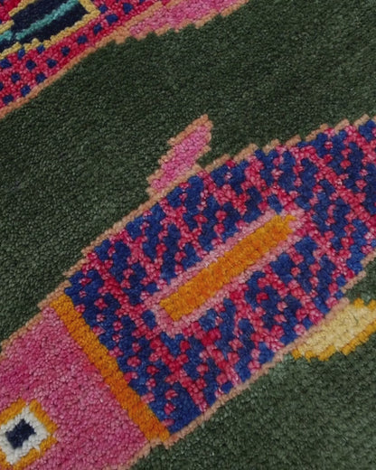 Luxury Hand Knotted Wool Fish Design Rug, Green Tribal Carpet with Gold Geometric Border for Living Room & Bedroom
