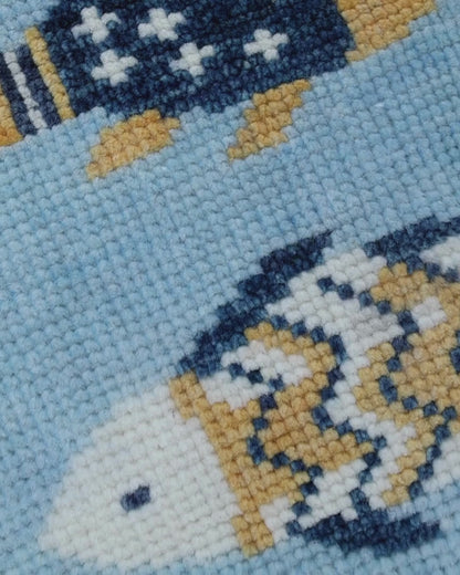 Luxury Hand Knotted Wool Fish Design Rug, Light Blue Coastal Tribal Carpet with Geometric Border for Living Room & Bedroom